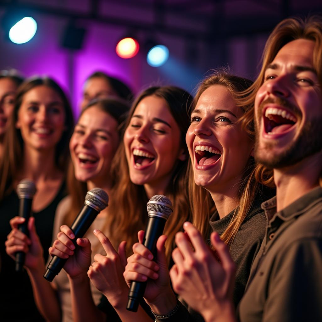 Nhóm bạn vui vẻ hát karaoke