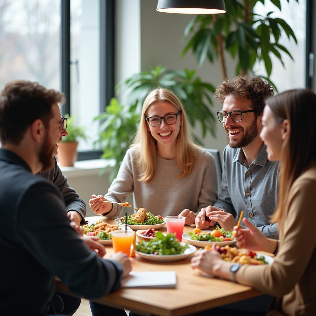 Group of colleagues laughing and chatting animatedly during their lunch break