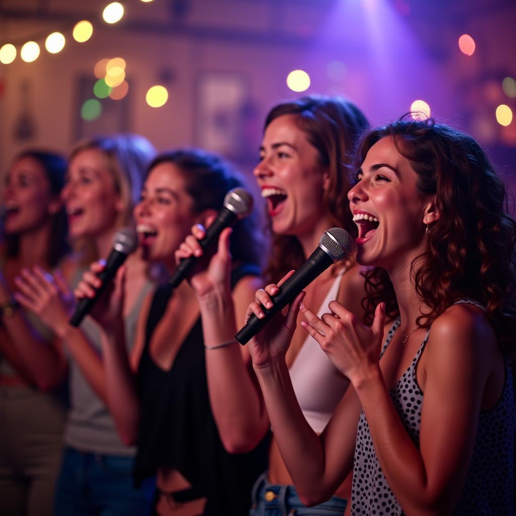 Hình ảnh một nhóm bạn đang hát karaoke bolero vui nhộn trong một buổi tiệc