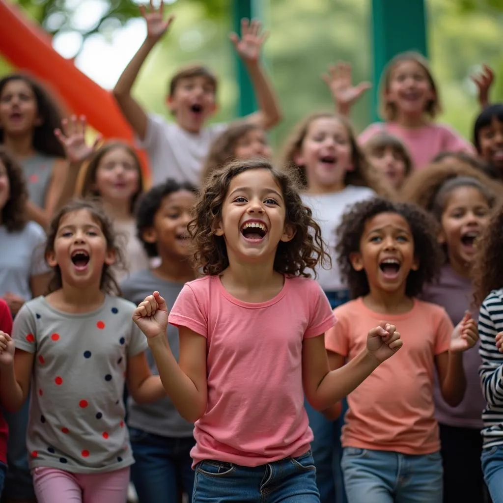 Children singing and dancing happily