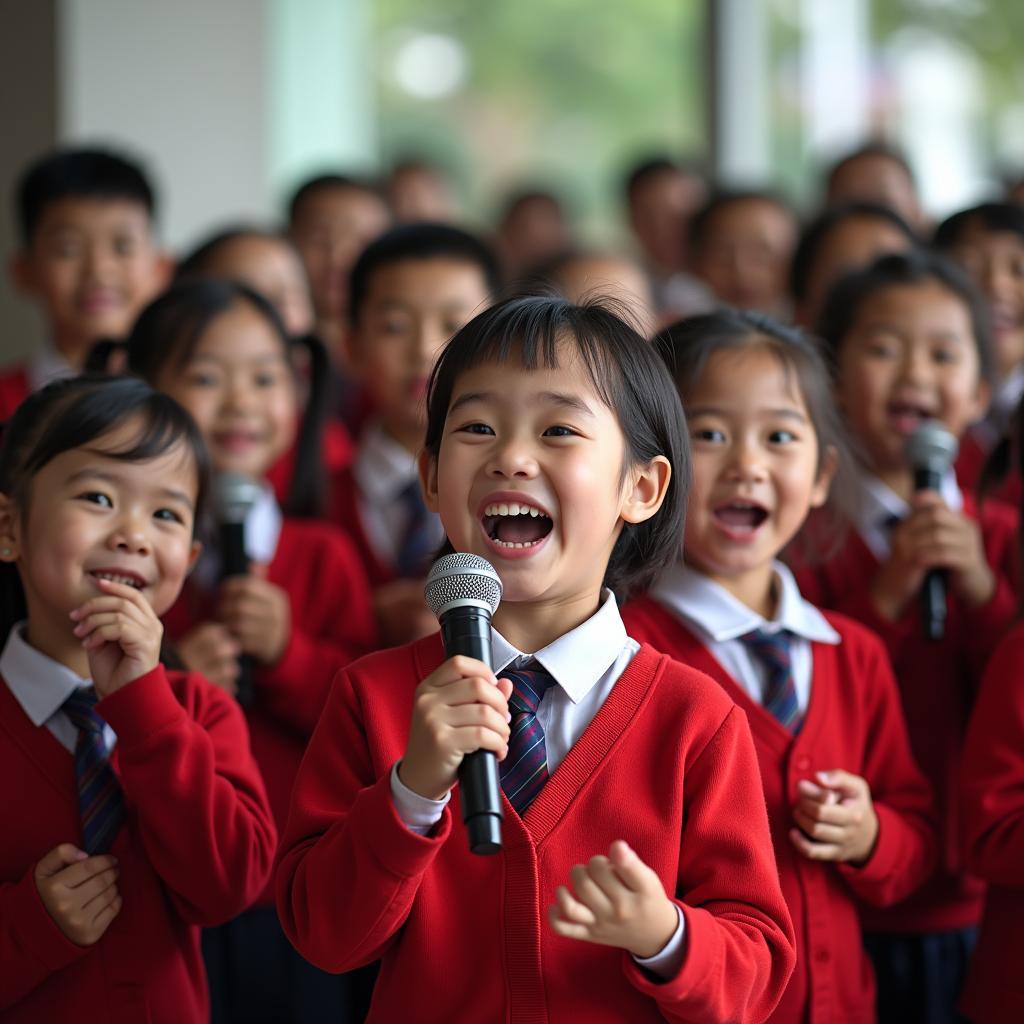 Children singing "Niềm Vui Theo Em Đến Trường" karaoke