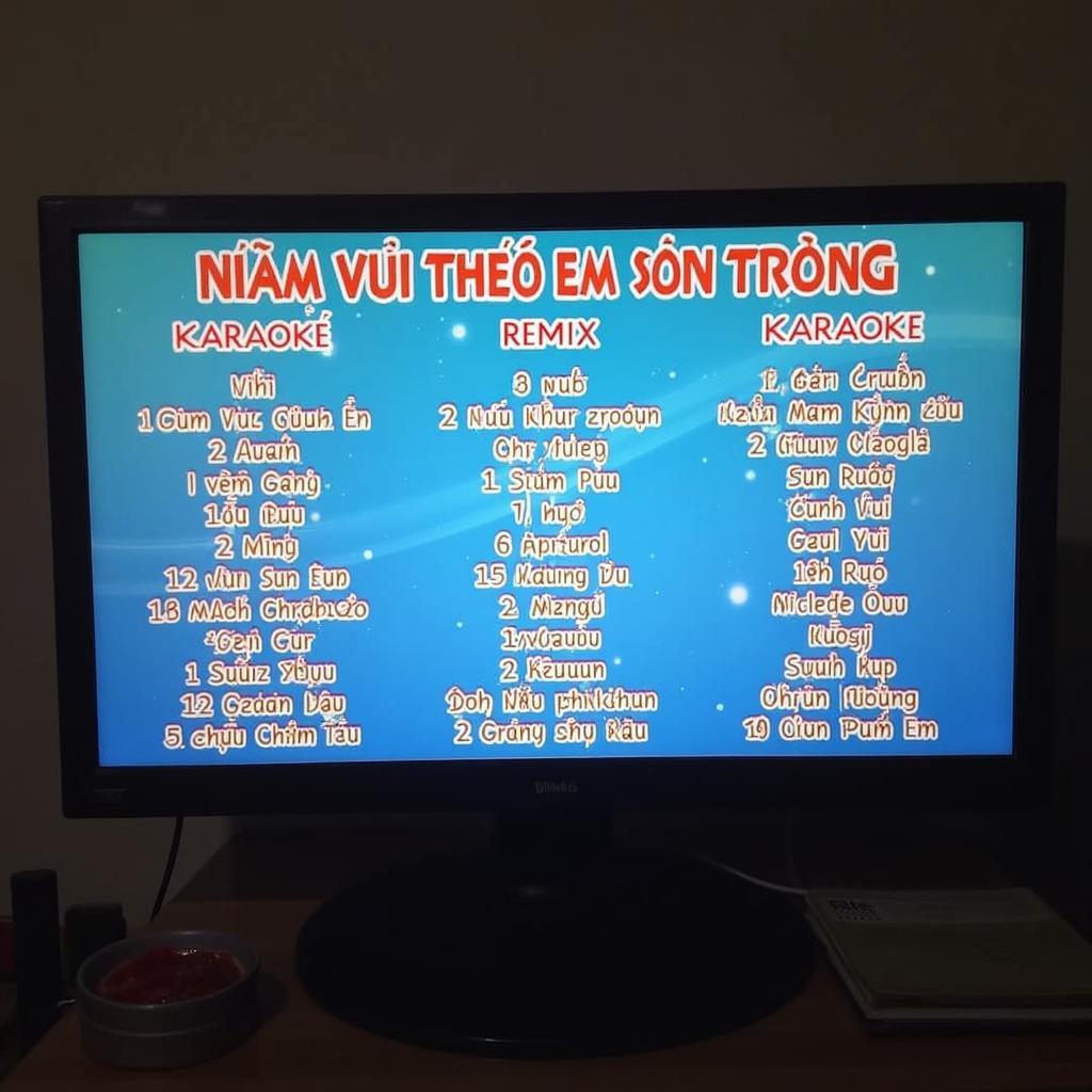 Different versions of "Niềm Vui Theo Em Đến Trường" karaoke on a screen