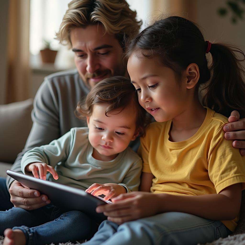 Parent guiding child playing game