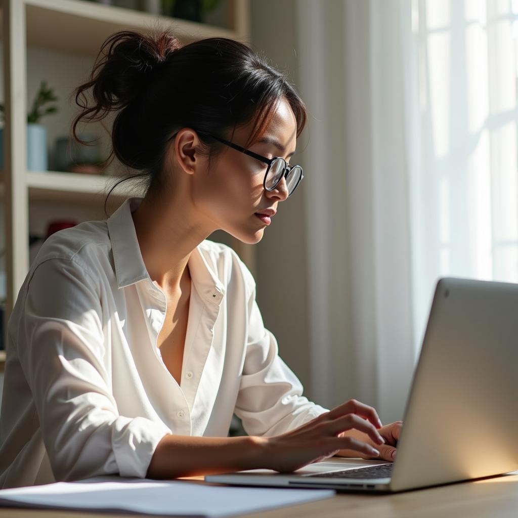 Single woman working from home