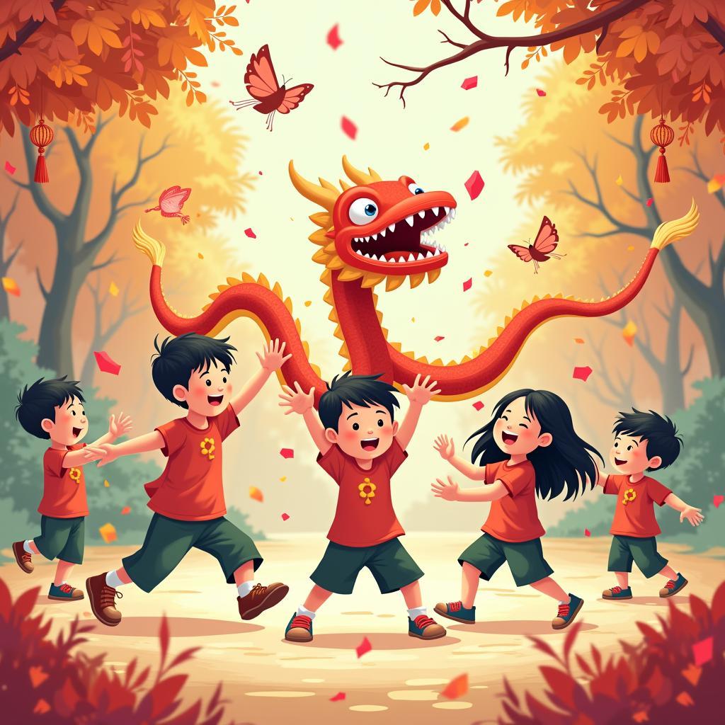 Children playing dragon snake game