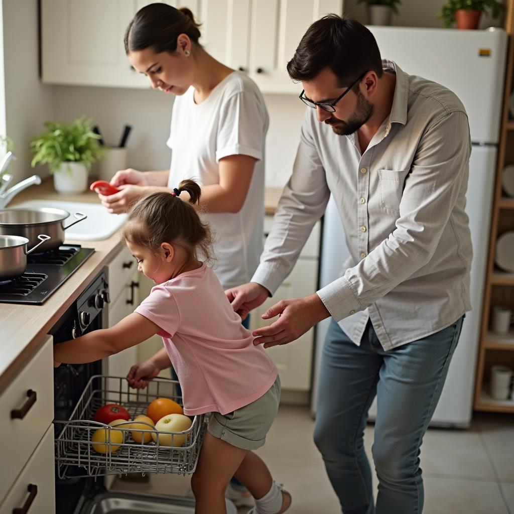 Các thành viên trong gia đình cùng nhau làm việc nhà