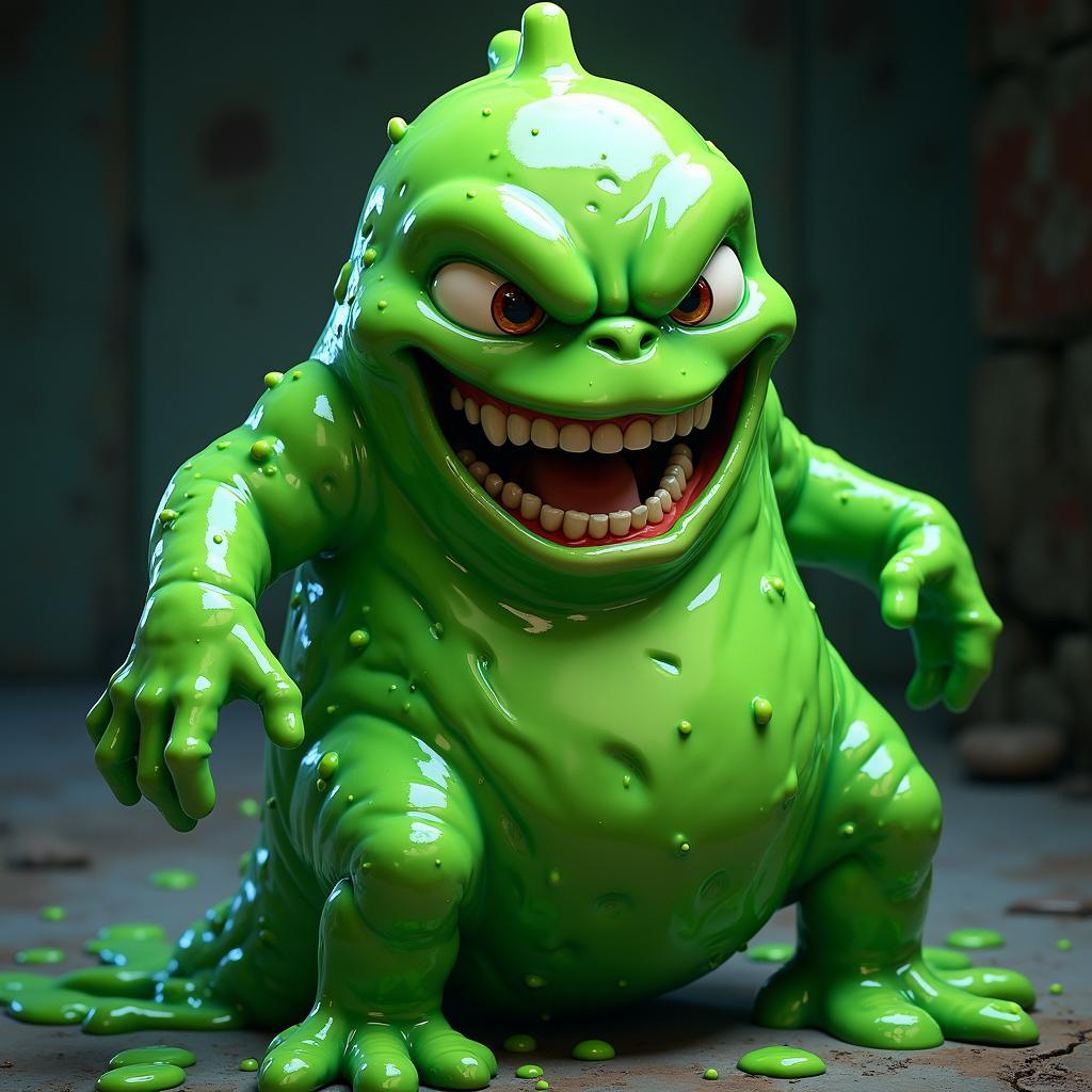 Slimer from Ghostbusters covered in green slime.