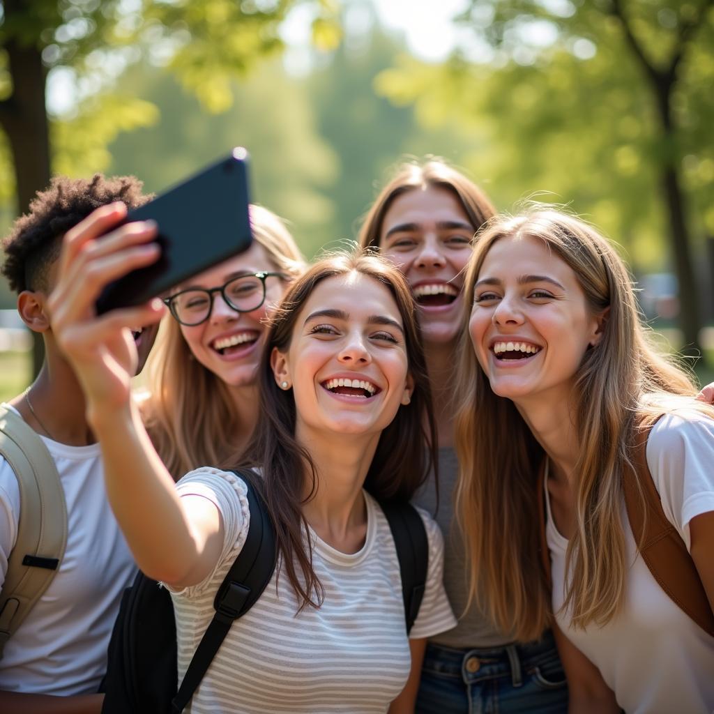 Nhóm bạn trẻ vui đùa cùng nhau và chụp ảnh selfie