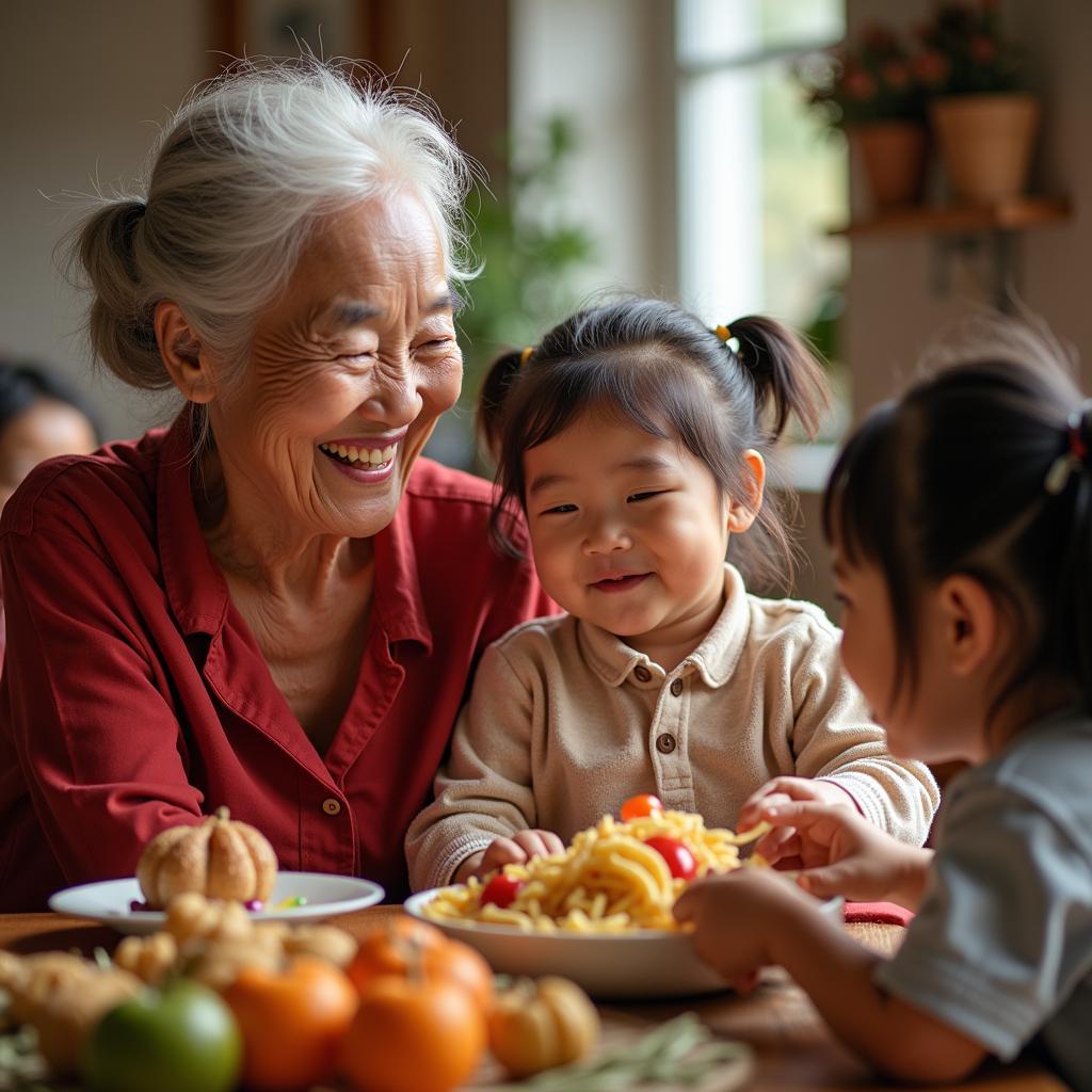 Ông bà vui vẻ bên con cháu trong ngày Tết