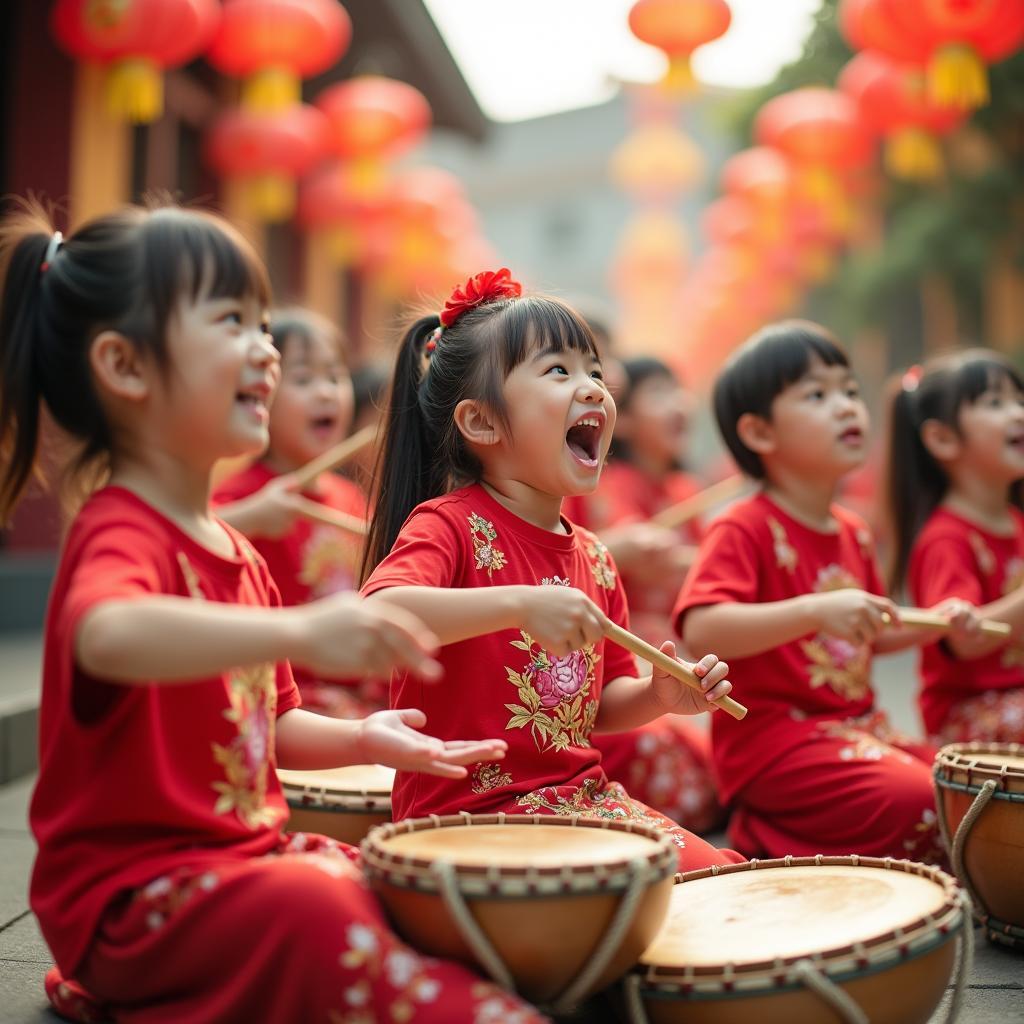 Children performing "Tết Suốt Tháng Giêng" with traditional instruments