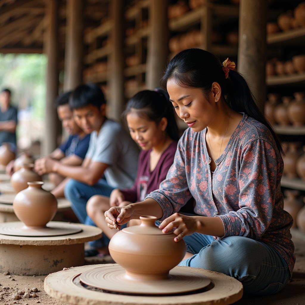 Du khách tham quan quy trình làm gốm tại Làng Gốm Bàu Trúc