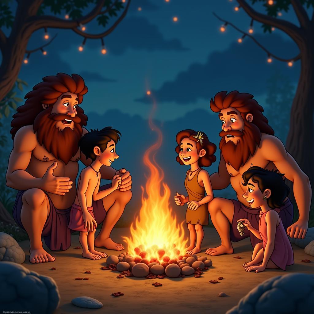 The Croods celebrating around a bonfire