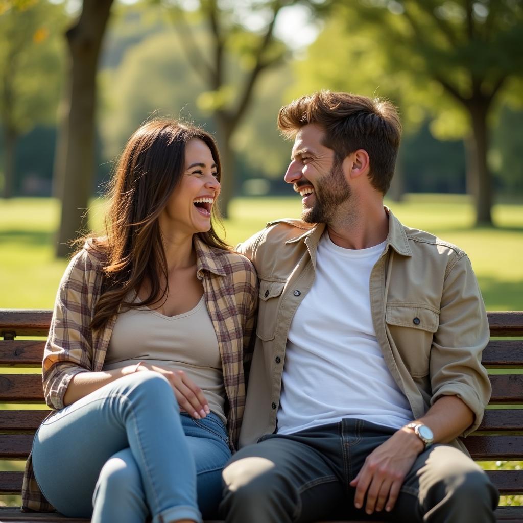 A couple sharing a laugh while sitting on a park bench.