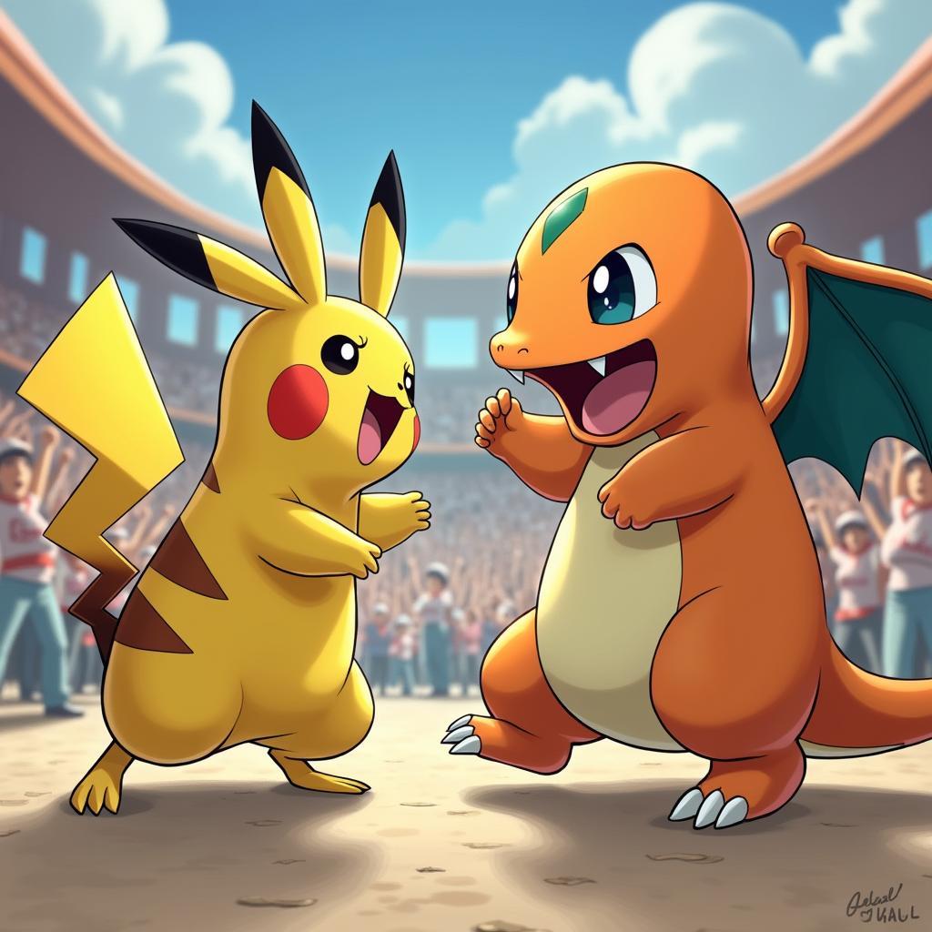 Trận đấu Pokemon nảy lửa giữa Pikachu và Charmander