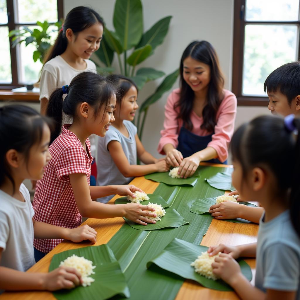 Trẻ em học làm bánh chưng vui vẻ