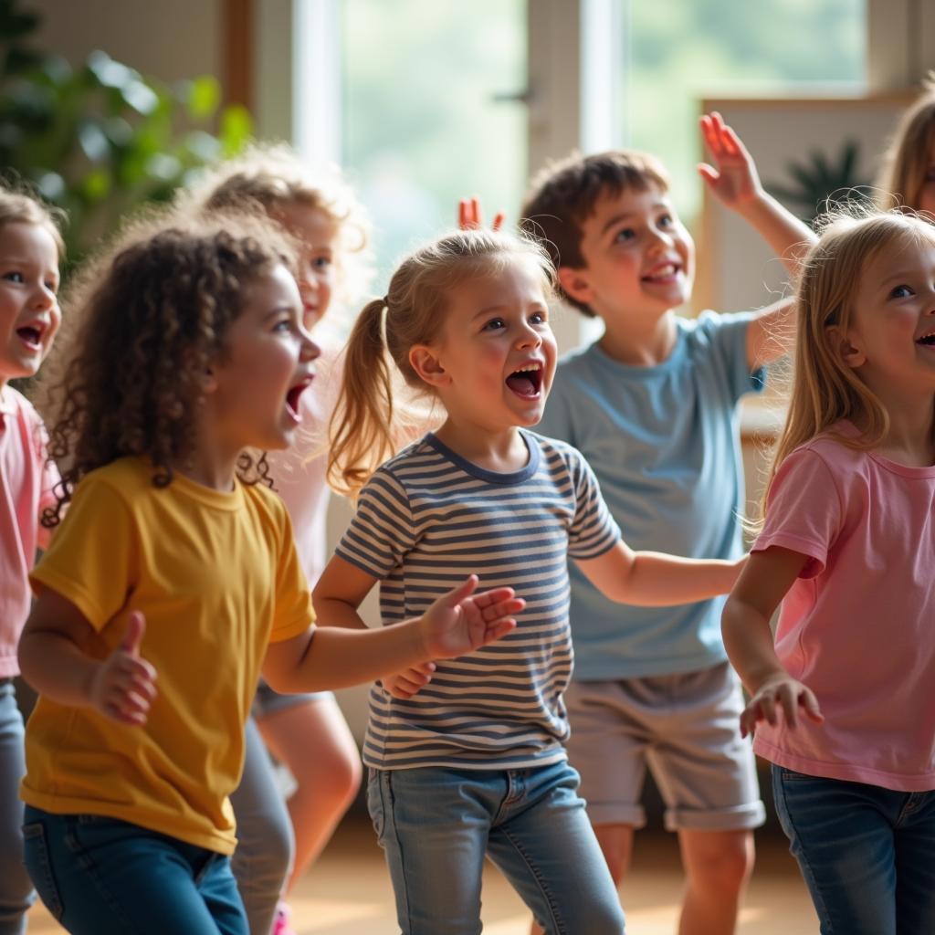 Children dancing and singing along to English music