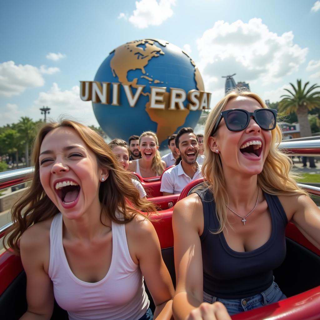 Du khách thích thú trên tàu lượn siêu tốc tại Universal Studios Singapore