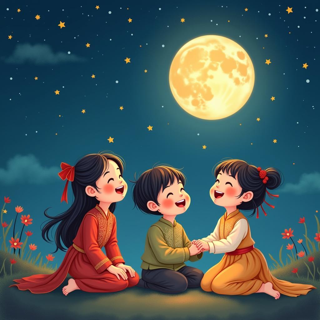 Children gazing at the moon while singing "Vầng Trăng Cổ Tích"