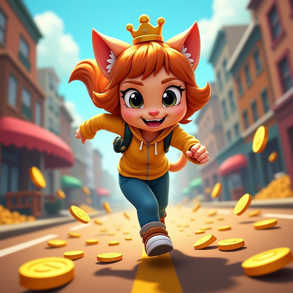 Angela chạy trong thành phố trong game Tom Gold Run, vượt qua chướng ngại vật và thu thập vàng.