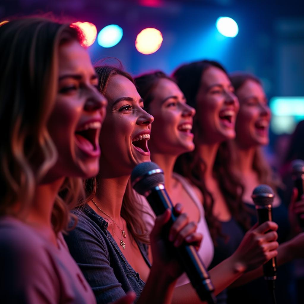 Một nhóm bạn đang hát karaoke vui vẻ, cùng nhau tạo nên những khoảnh khắc đáng nhớ.