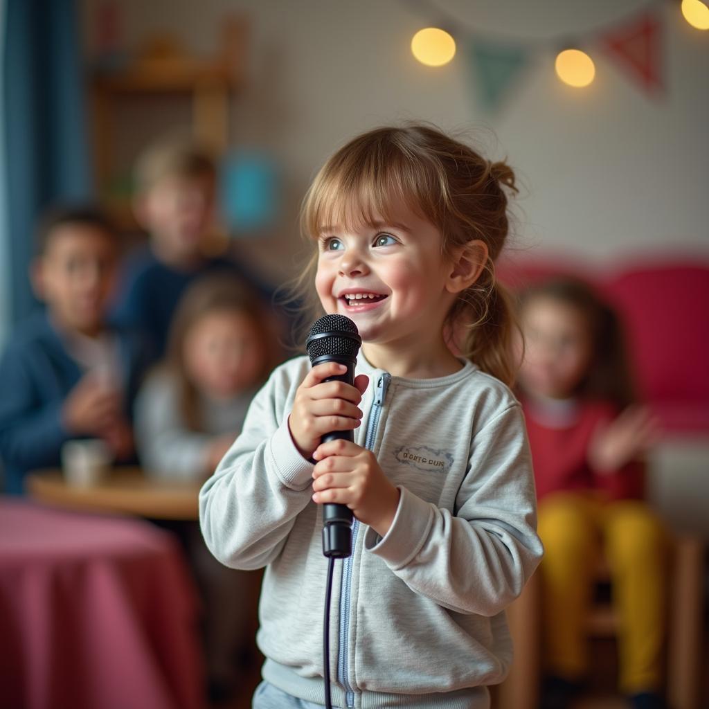 Bé vui hát karaoke tại nhà