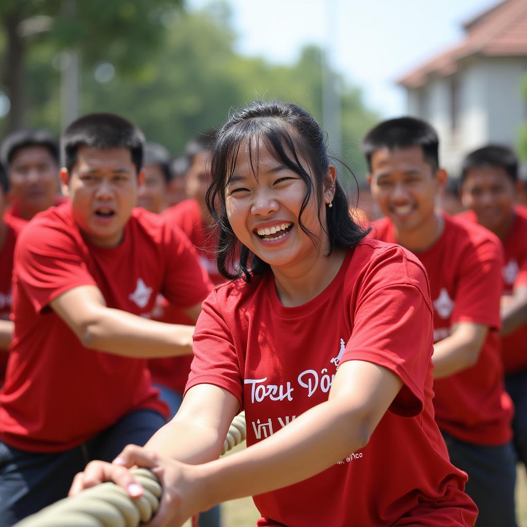 Người dân tham gia trò chơi kéo co trong ngày vui Quốc Dũng