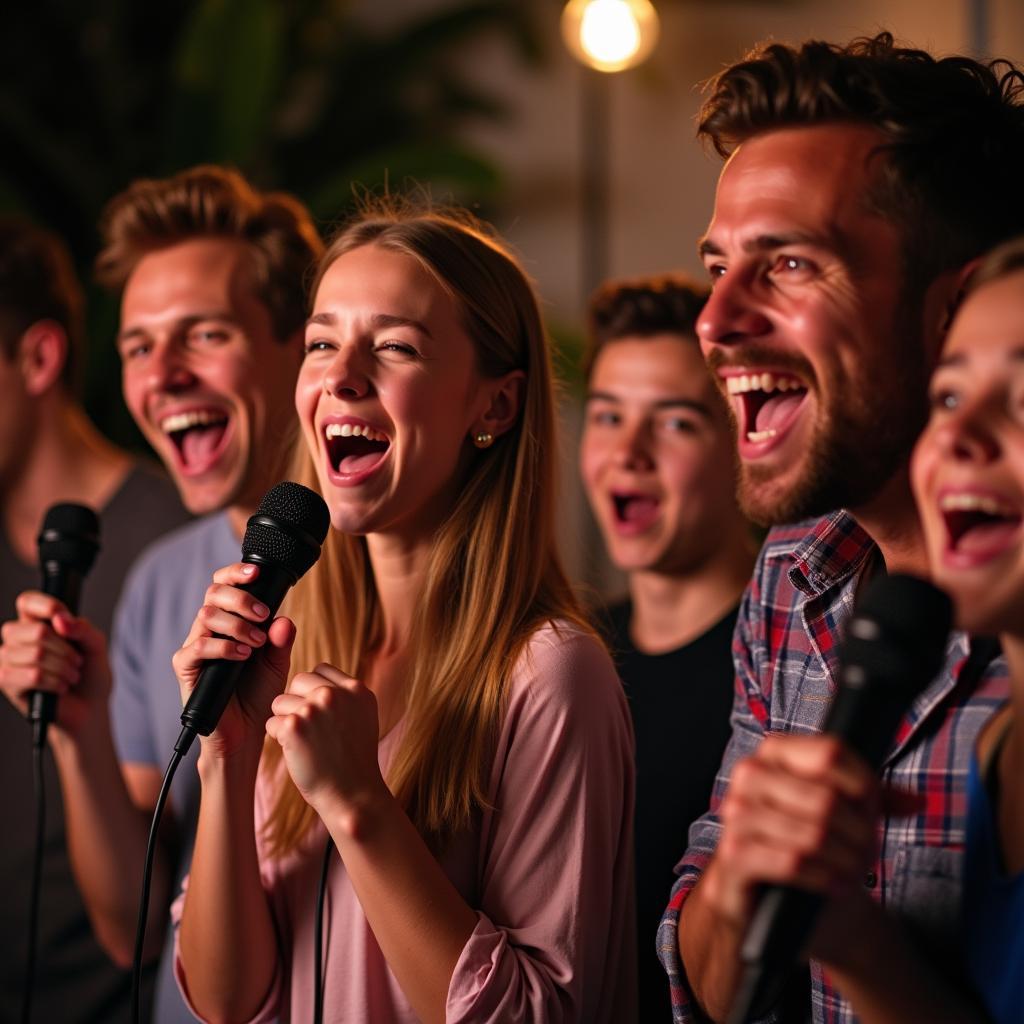 Cả gia đình vui vẻ hát karaoke, tạo nên không khí sôi động và ấm áp.