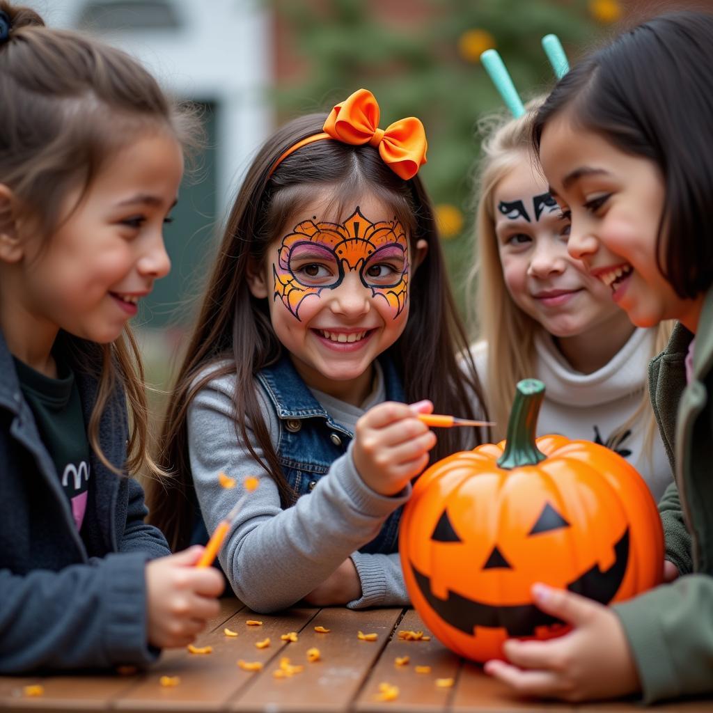 Các bé vui chơi Halloween với hoạt động trick-or-treat và vẽ mặt.