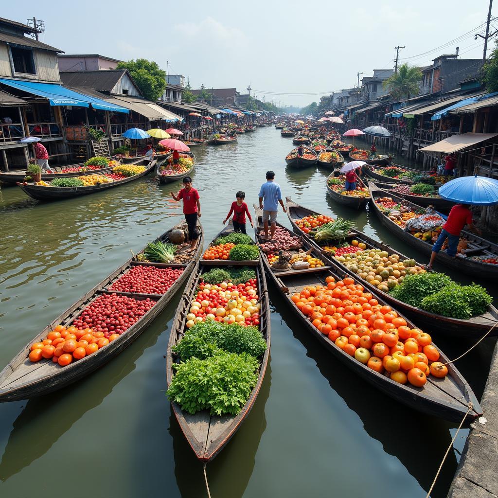 Chợ nổi Cao Lãnh nhộn nhịp với ghe thuyền chở đầy trái cây và hàng hóa