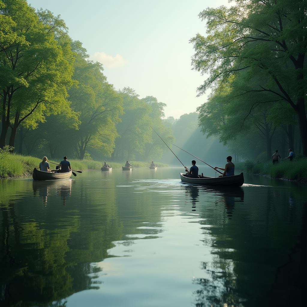 Câu cá và chèo thuyền trên sông hồ