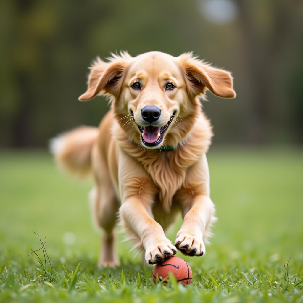 Chú chó Golden Retriever chơi bóng