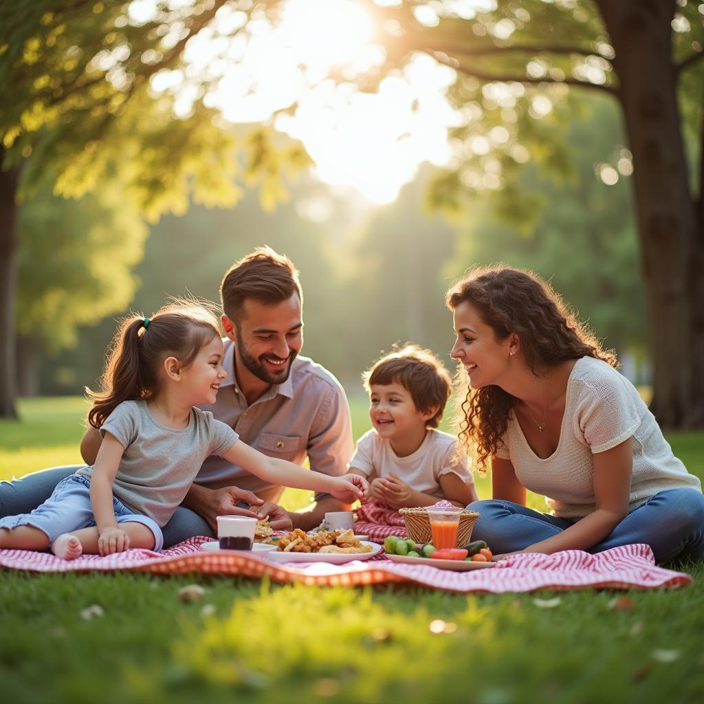 Chương trình vui khỏe có ích: Hình ảnh một gia đình đang vui vẻ dã ngoại, cùng nhau tham gia các hoạt động ngoài trời, thể hiện sự gắn kết và tình cảm gia đình ấm áp.