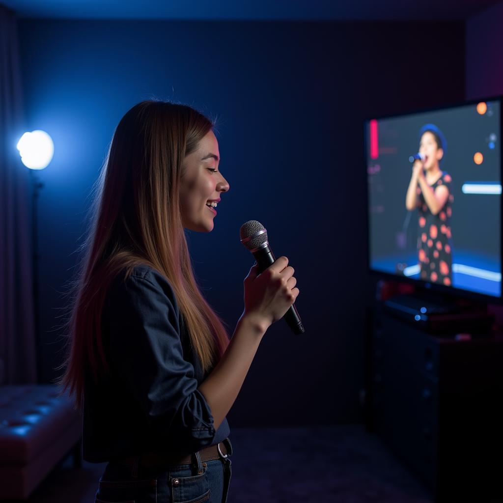 Cô gái hát karaoke một mình trong phòng