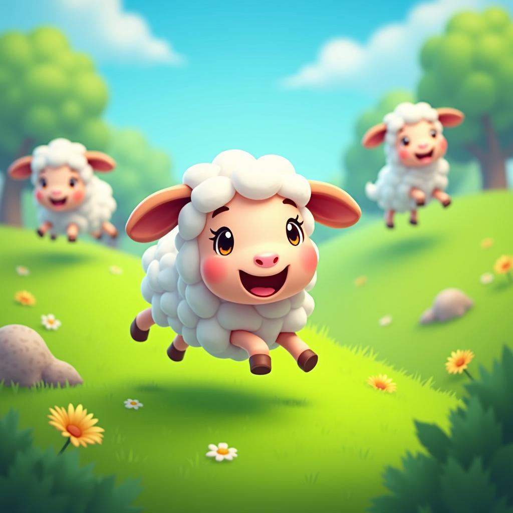 Cừu vui vẻ trong game mobile: Hình ảnh chú cừu vui vẻ đang nhảy múa trong một trò chơi trên điện thoại, xung quanh là đồng cỏ xanh tươi và những chú cừu khác.