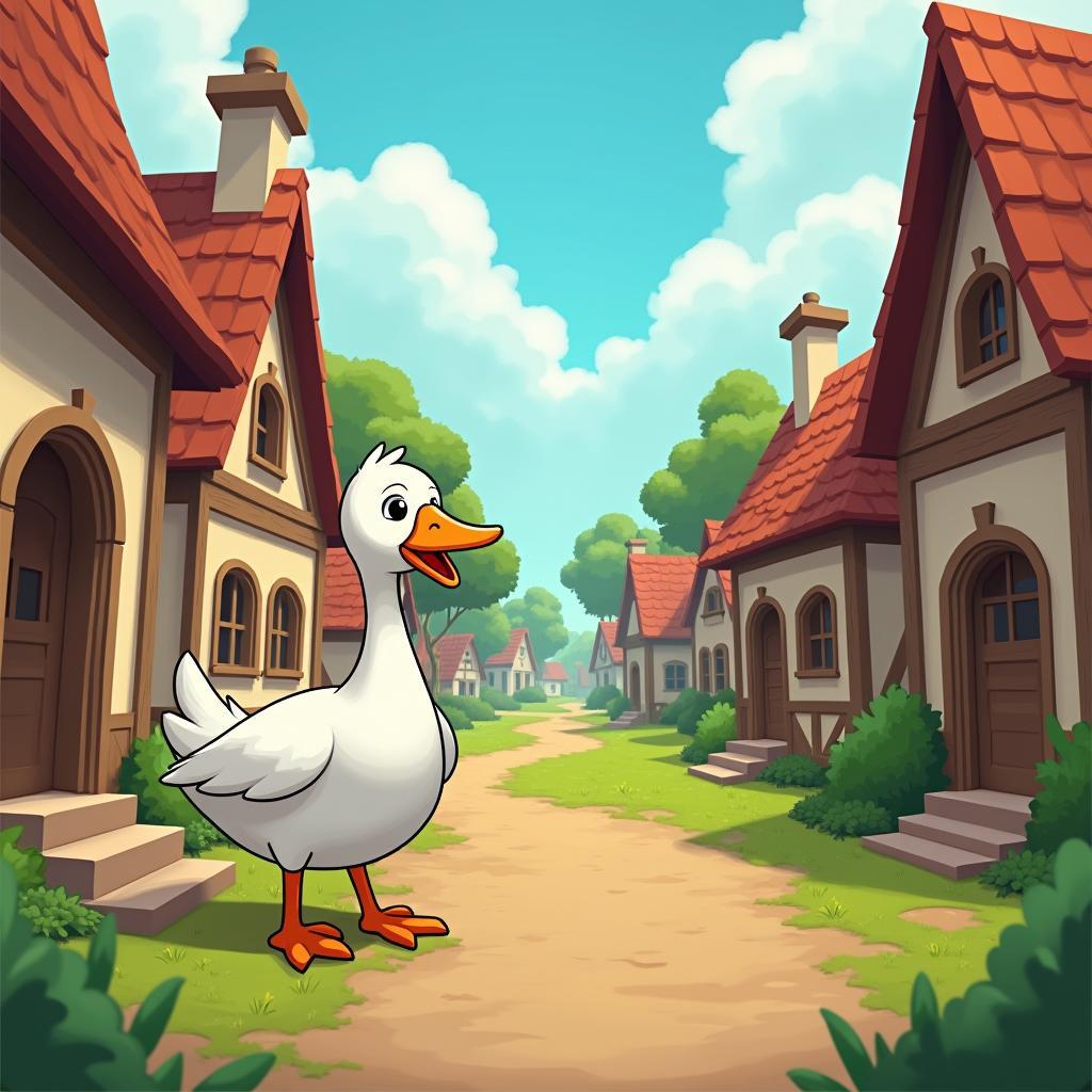 Hình ảnh chú ngỗng trong game Untitled Goose Game gây rối cho dân làng