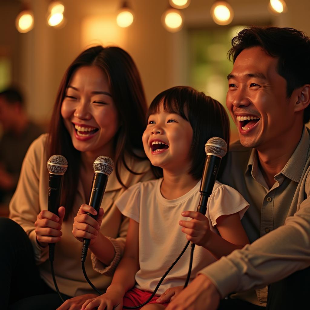 Gia đình sum vầy hát karaoke bài "Mong cha mẹ an vui" trong không khí ấm cúng.