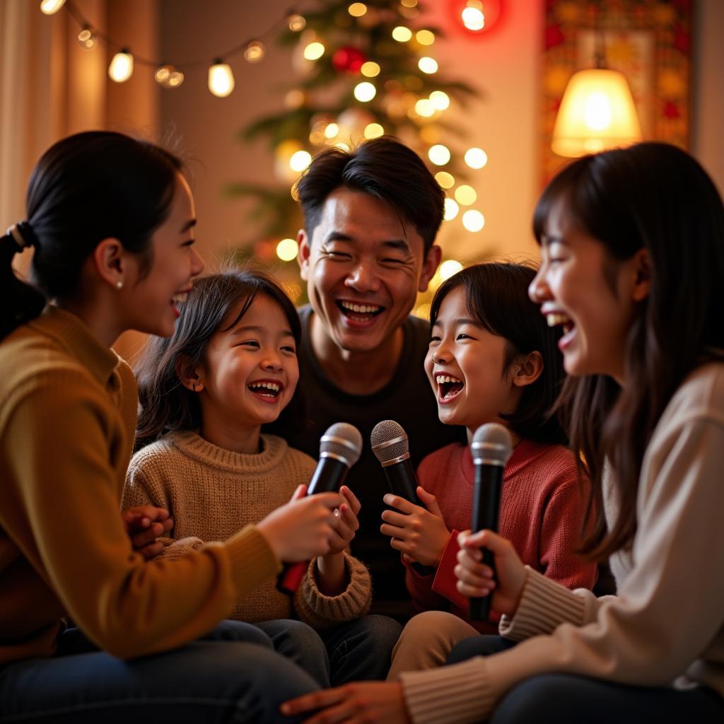 Gia đình sum vầy hát karaoke ngày Tết