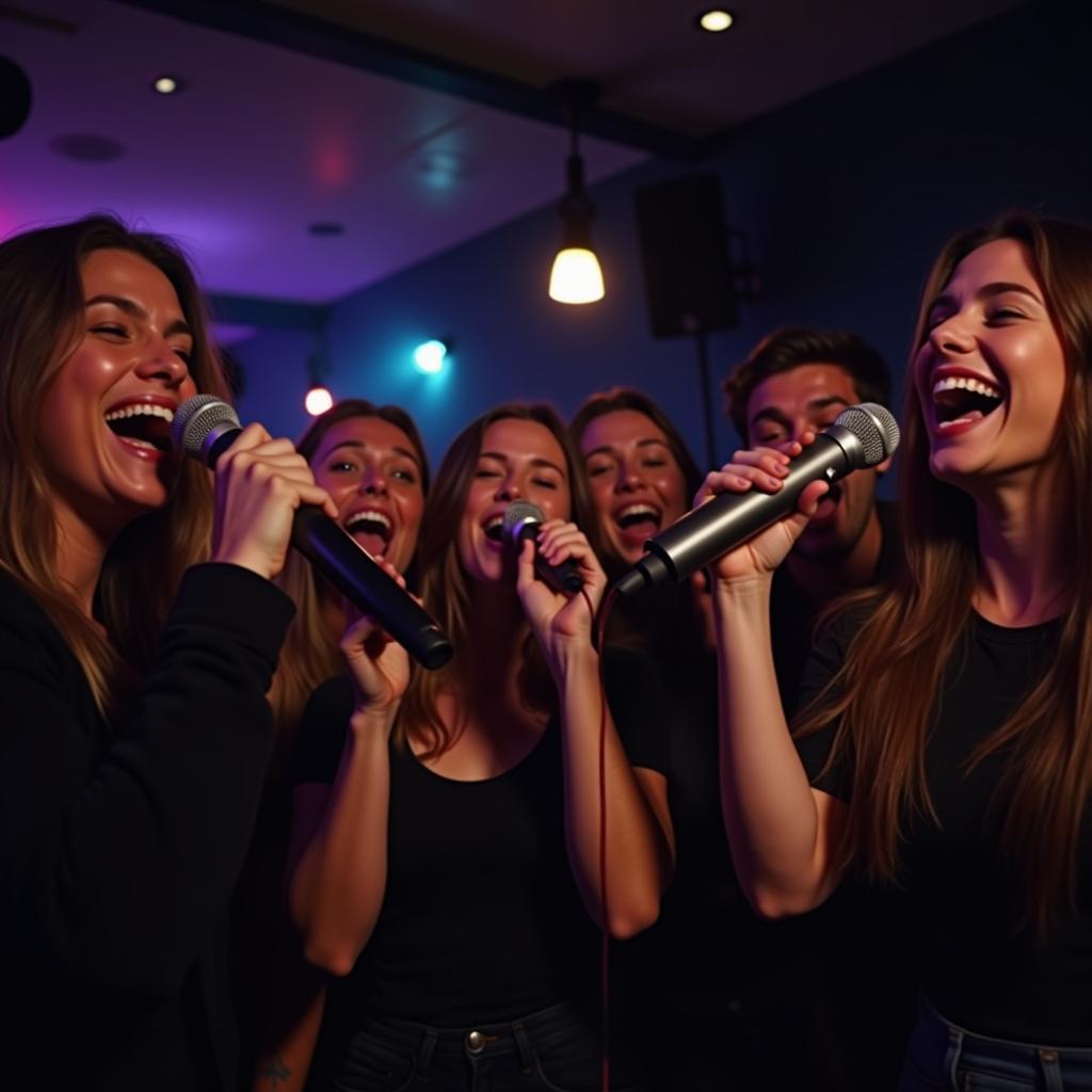 Nhóm bạn bè đang hát karaoke.