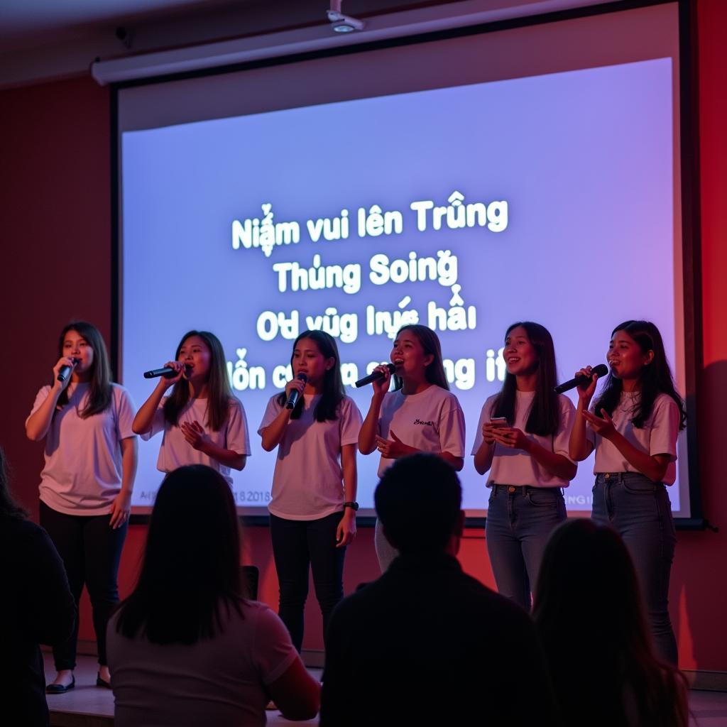 Hình ảnh các em học sinh đang hát karaoke bài hát Niềm Vui Đến Trường