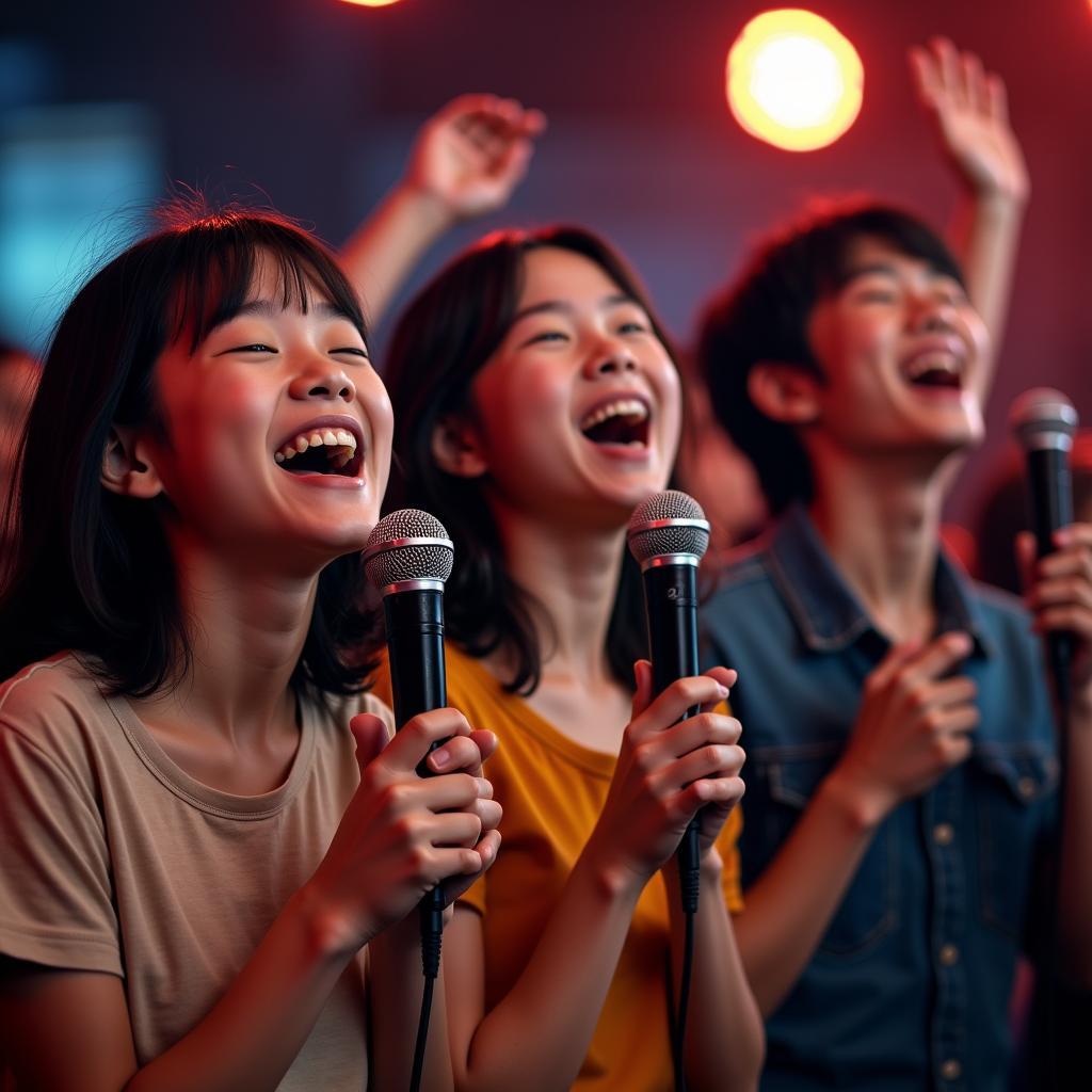 Học tiếng Nhật qua âm nhạc: Hình ảnh minh họa một nhóm bạn trẻ đang hát karaoke tiếng Nhật với nụ cười rạng rỡ, thể hiện niềm vui và sự hứng khởi khi học tiếng Nhật qua âm nhạc.