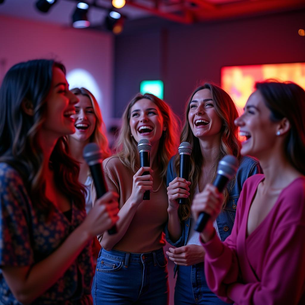 Karaoke mỗi ngày tôi chọn một niềm vui tone nữ: Hình ảnh minh họa một nhóm bạn nữ đang hát karaoke rất vui vẻ trong phòng karaoke hiện đại, đầy đủ tiện nghi.