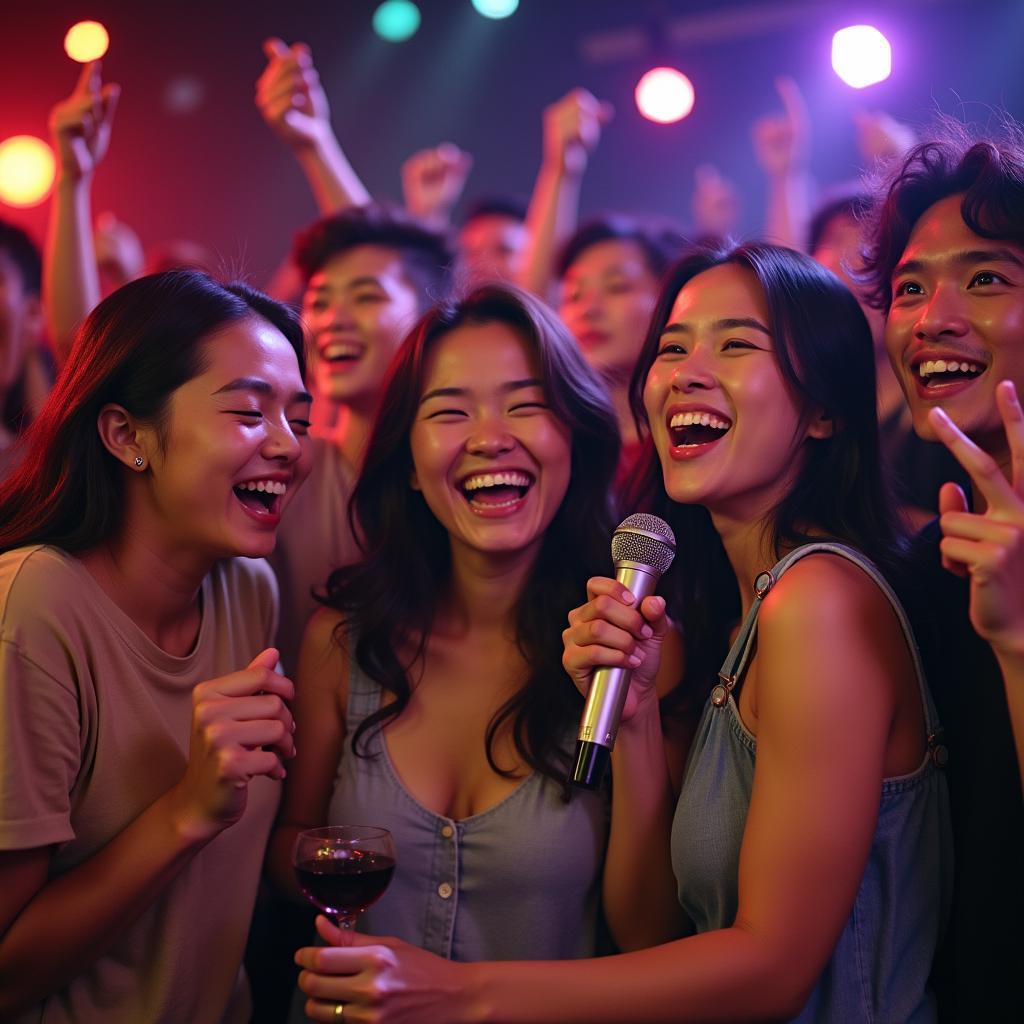 Hình ảnh minh họa nhóm bạn đang hát karaoke bài Sao Vui Của Em, không khí vui vẻ, sôi động