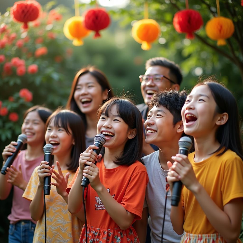 Gia đình sum vầy hát karaoke trong không gian miệt vườn ngày Tết