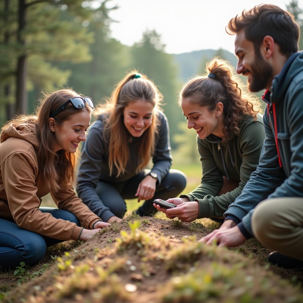 Khám phá trải nghiệm mới: Hình ảnh minh họa một nhóm bạn đang chơi trò chơi team building ngoài trời.