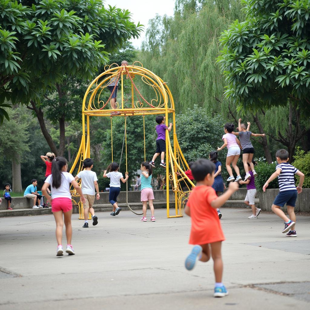 Trẻ em vui chơi tại khu vui chơi ngoài trời ở Cầu Giấy, Hà Nội, tận hưởng không gian xanh mát và các hoạt động bổ ích.