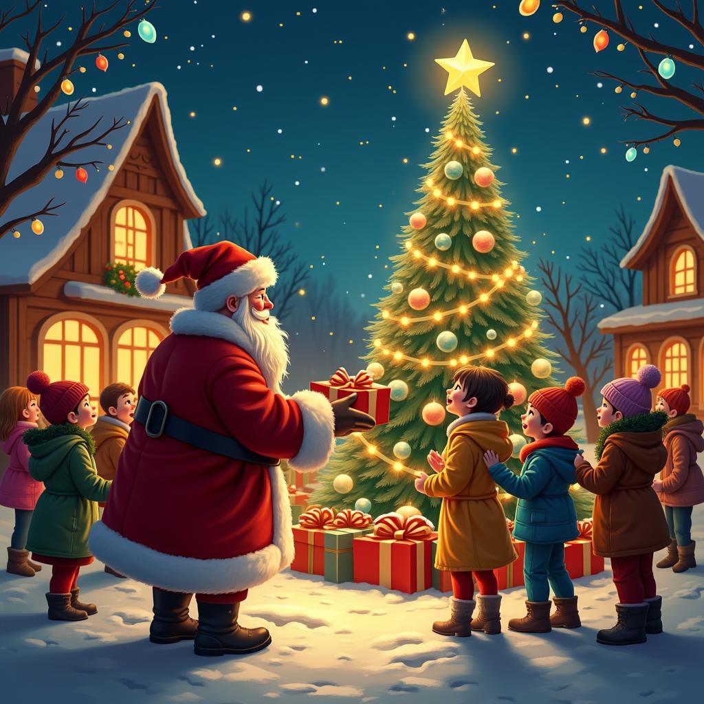 Khung cảnh Giáng Sinh vui vẻ với cây thông Noel được trang trí rực rỡ, ông già Noel đang phát quà cho các em nhỏ, mọi người cùng nhau hát hò nhảy múa.