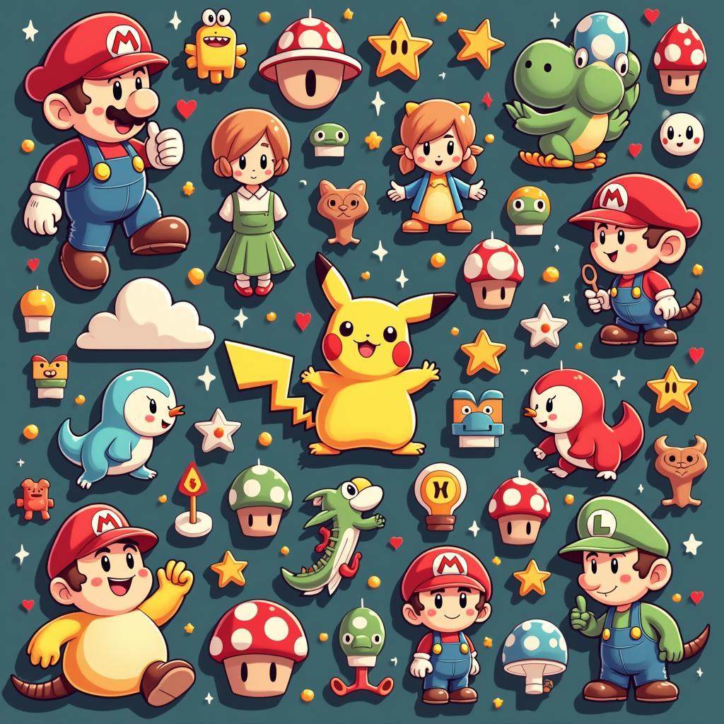 Hình ảnh gợi nhớ ký ức tuổi thơ với những tựa game 7k7k kinh điển như Mario, Pikachu, Line 98, mang lại cảm giác hoài niệm cho người chơi.