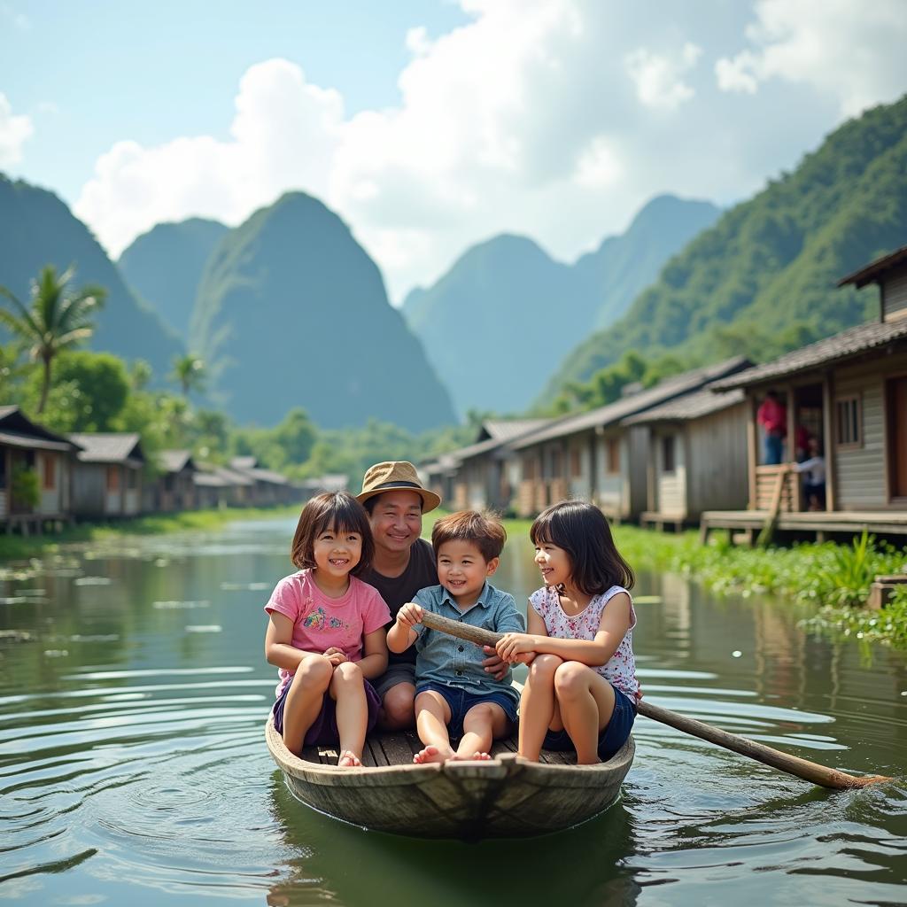 Gia đình vui chơi tại làng nổi Tân Lập, tận hưởng không khí trong lành và cảnh đẹp thiên nhiên.