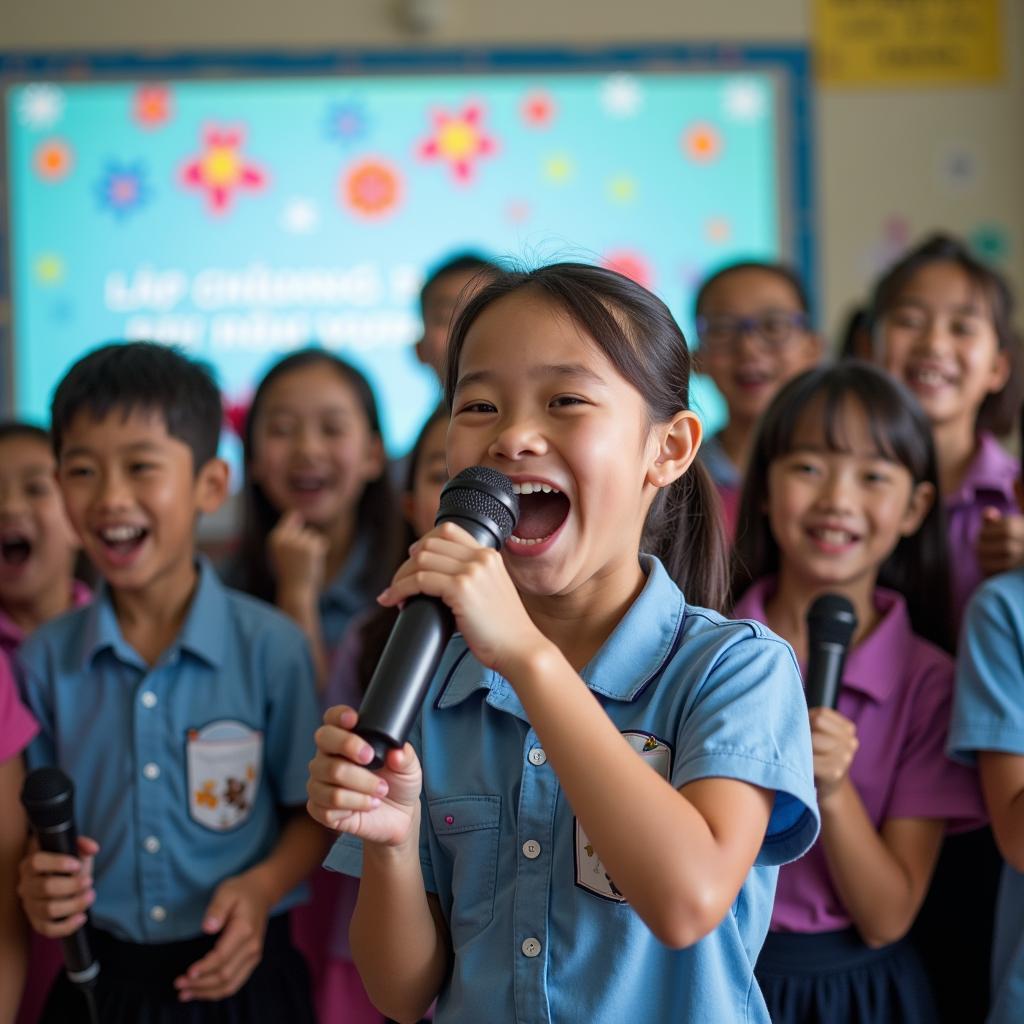 Học sinh hát karaoke bài hát "Lớp Chúng Mình Rất Vui"