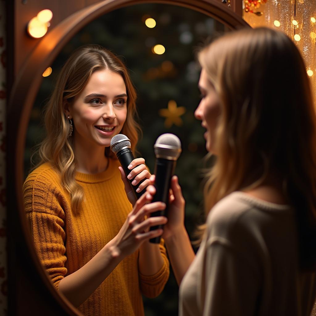 Cô gái luyện tập hát karaoke ngày mùa vui